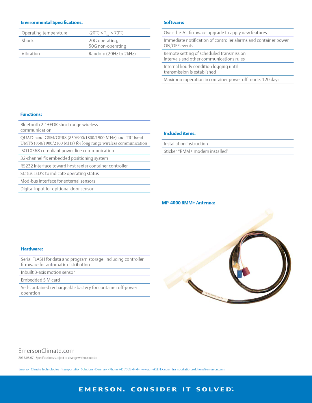 Emerson manual Environmental Specifications, Functions, Hardware, Software, Included items, MP-4000 RMM+ Antenna 