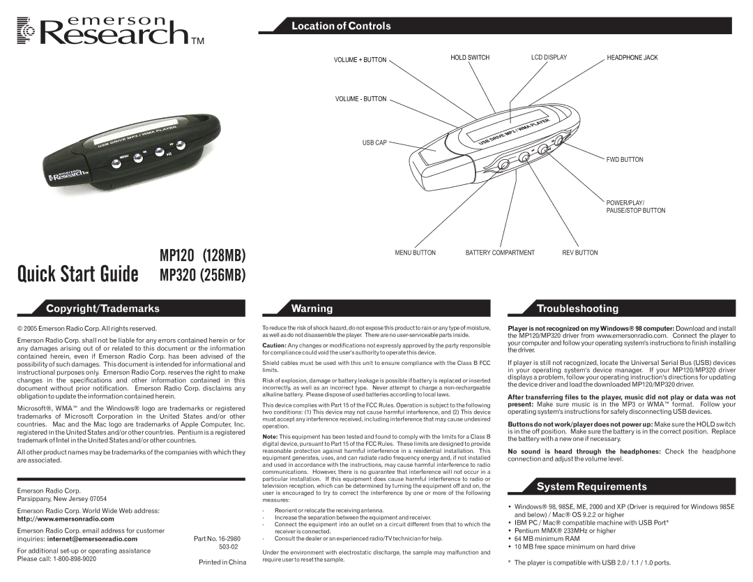 Emerson MP320, MP120 quick start Location of Controls, Copyright/Trademarks, Troubleshooting, System Requirements 