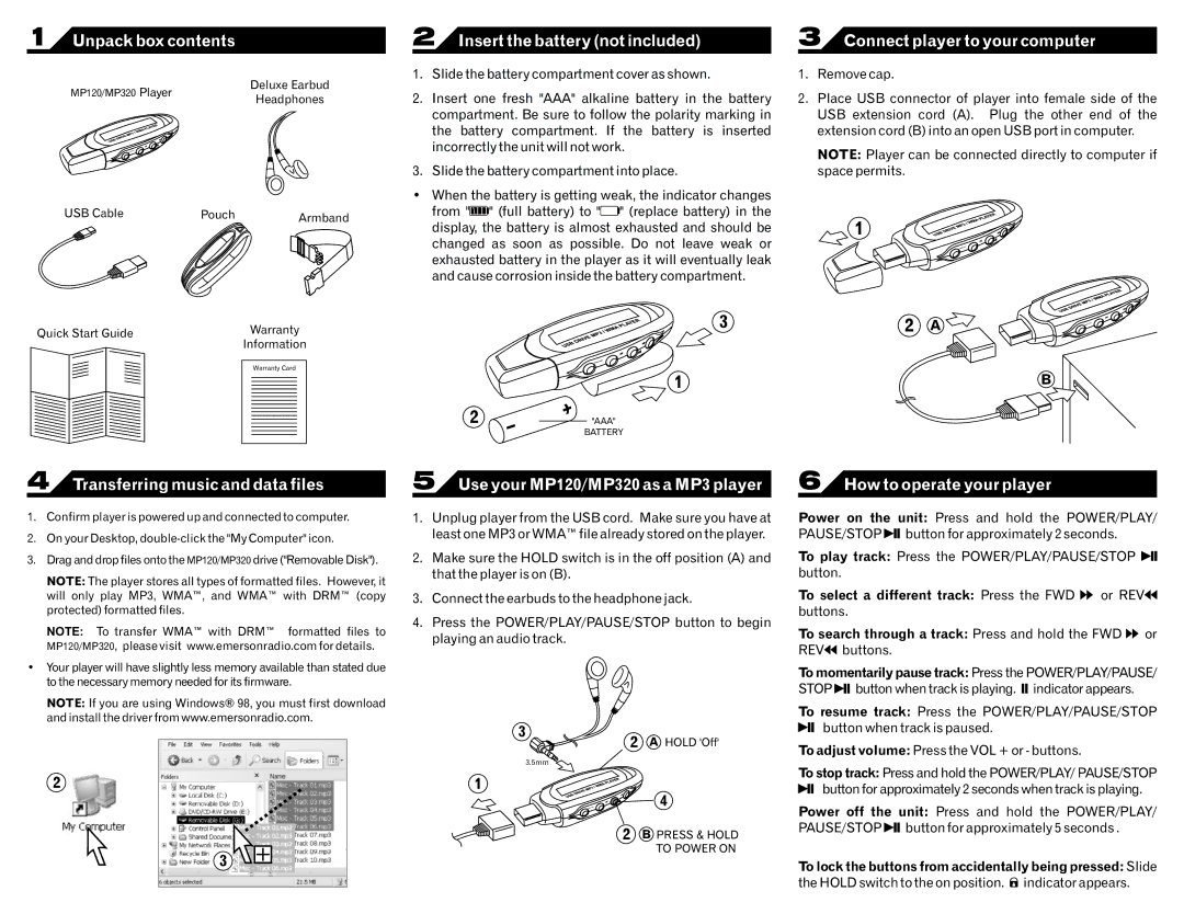 Emerson MP120, MP320 quick start Unpack box contents, Insert the battery not included, Connect player to your computer 