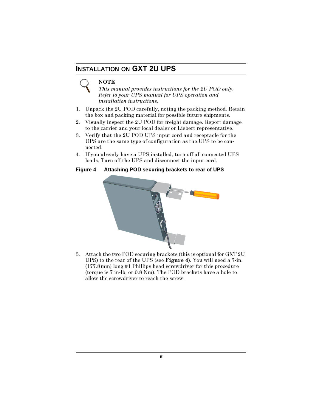 Emerson MP2-115HW user manual Installation on GXT 2U UPS, Attaching POD securing brackets to rear of UPS 