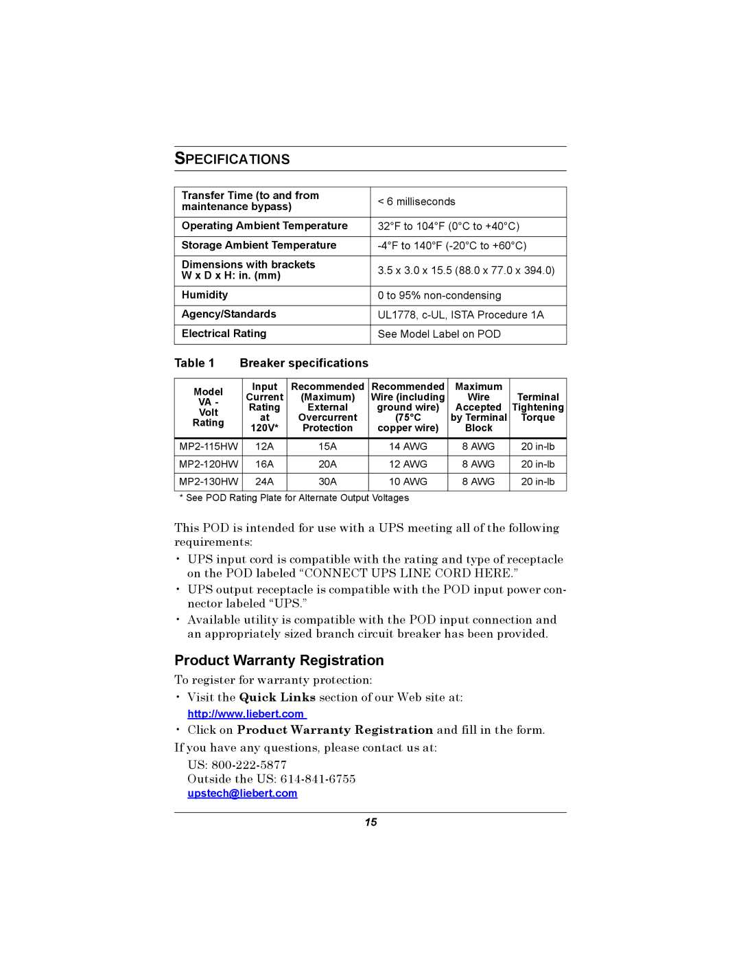 Emerson MP2-115HW user manual Product Warranty Registration, Specifications 