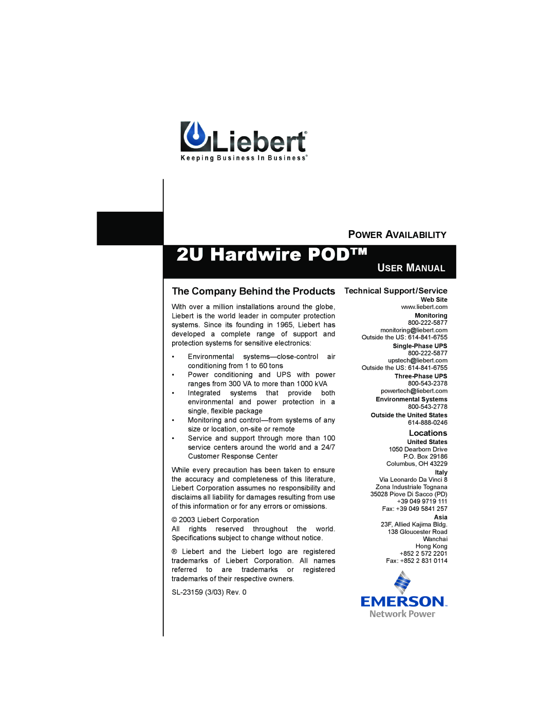 Emerson MP2-115HW user manual 2U Hardwire POD 