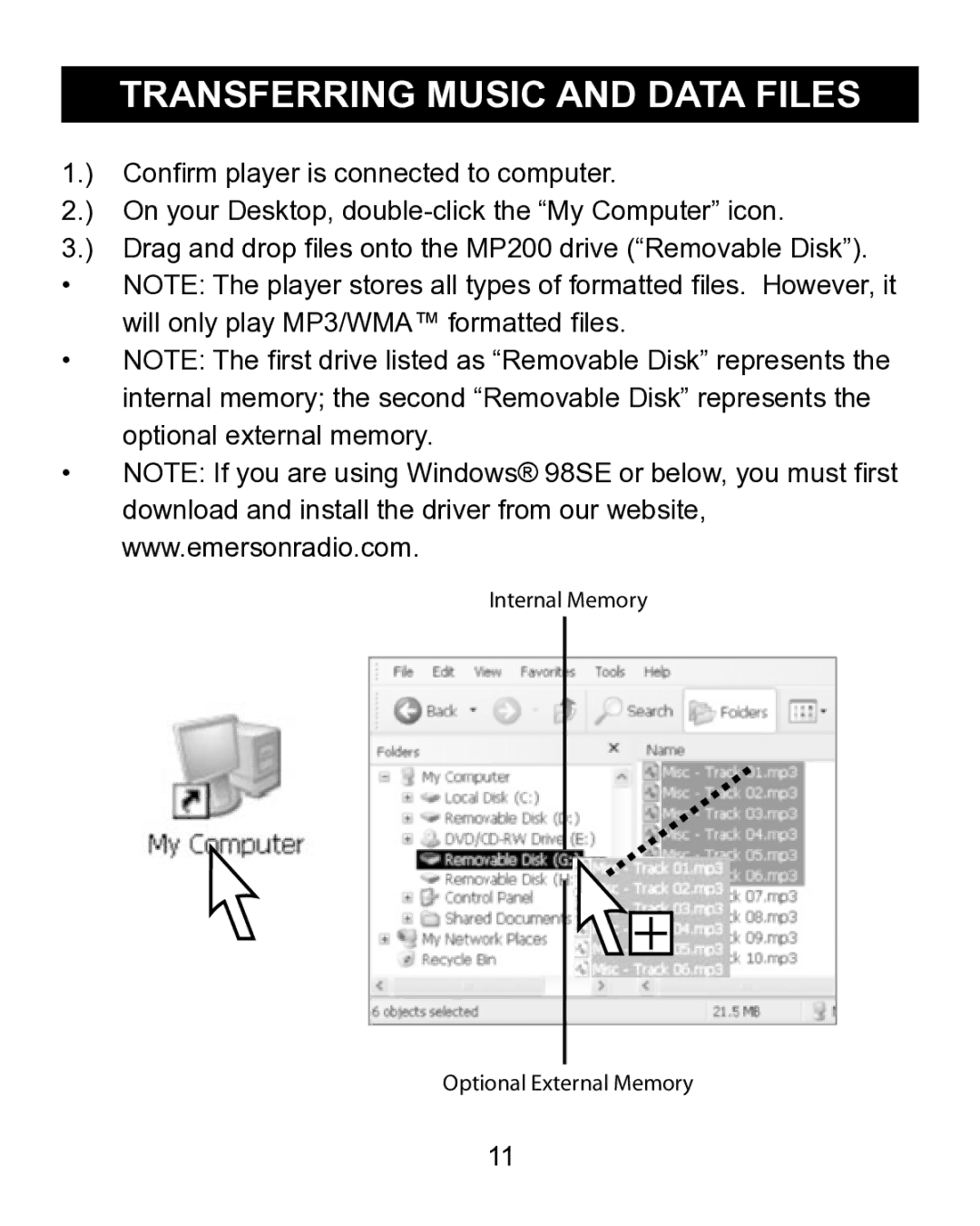 Emerson MP200 manual Transferring Music and Data Files 