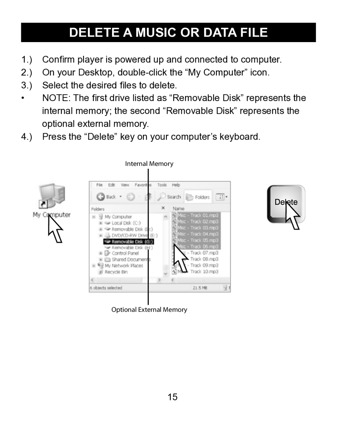 Emerson MP200 manual Delete a Music or Data File 