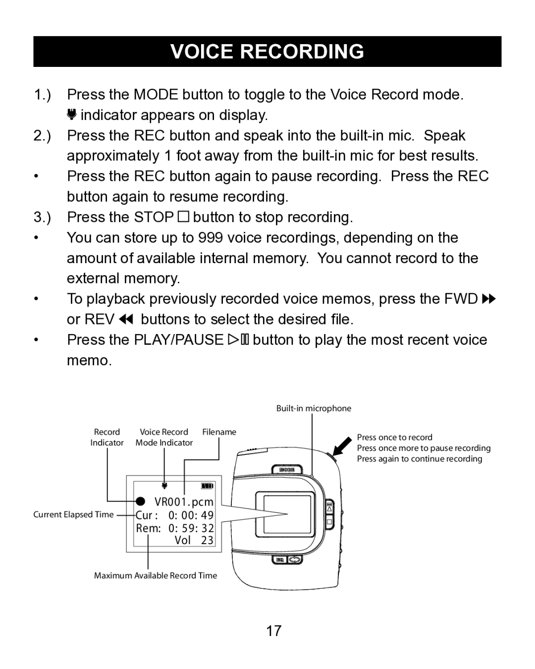 Emerson MP200 manual Voice Recording 