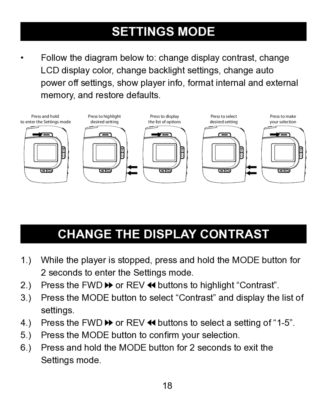 Emerson MP200 manual Settings Mode, Change the Display Contrast 