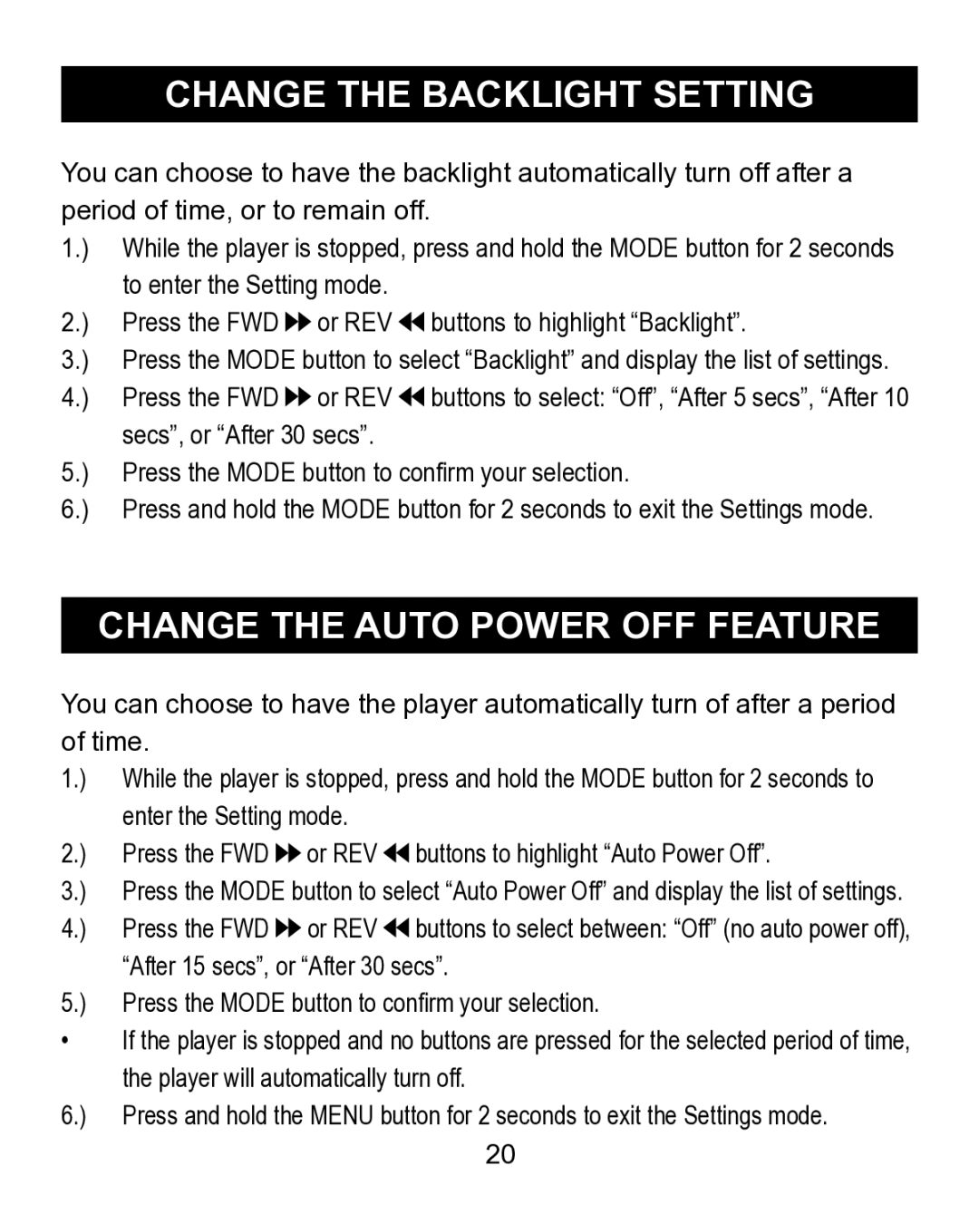 Emerson MP200 manual Change the Backlight Setting, Change the Auto Power OFF Feature 