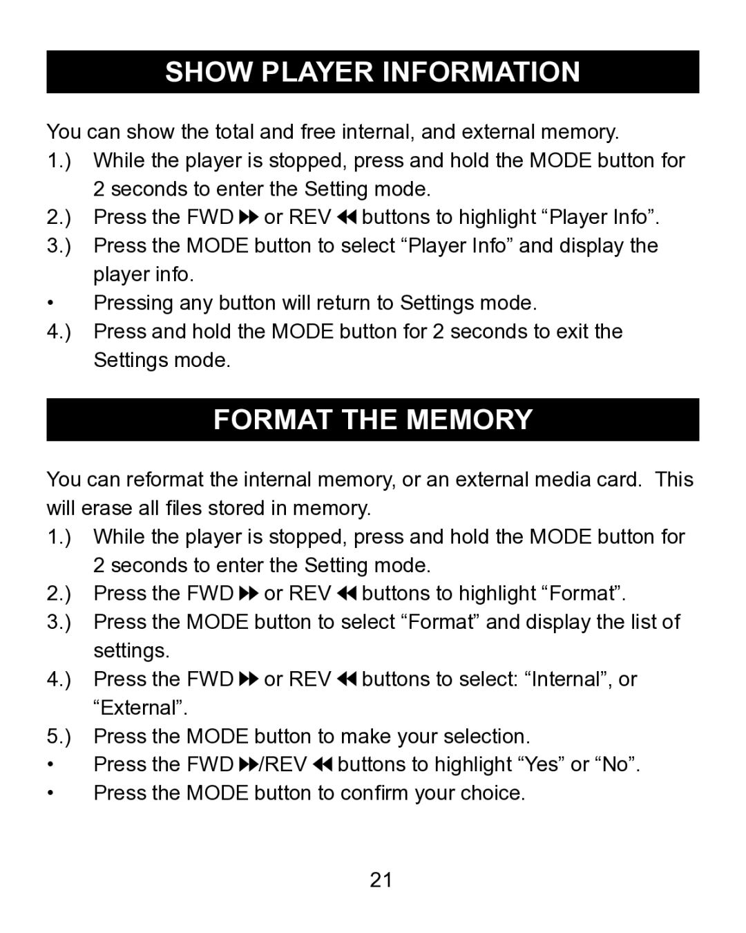 Emerson MP200 manual Show Player Information, Format the Memory 