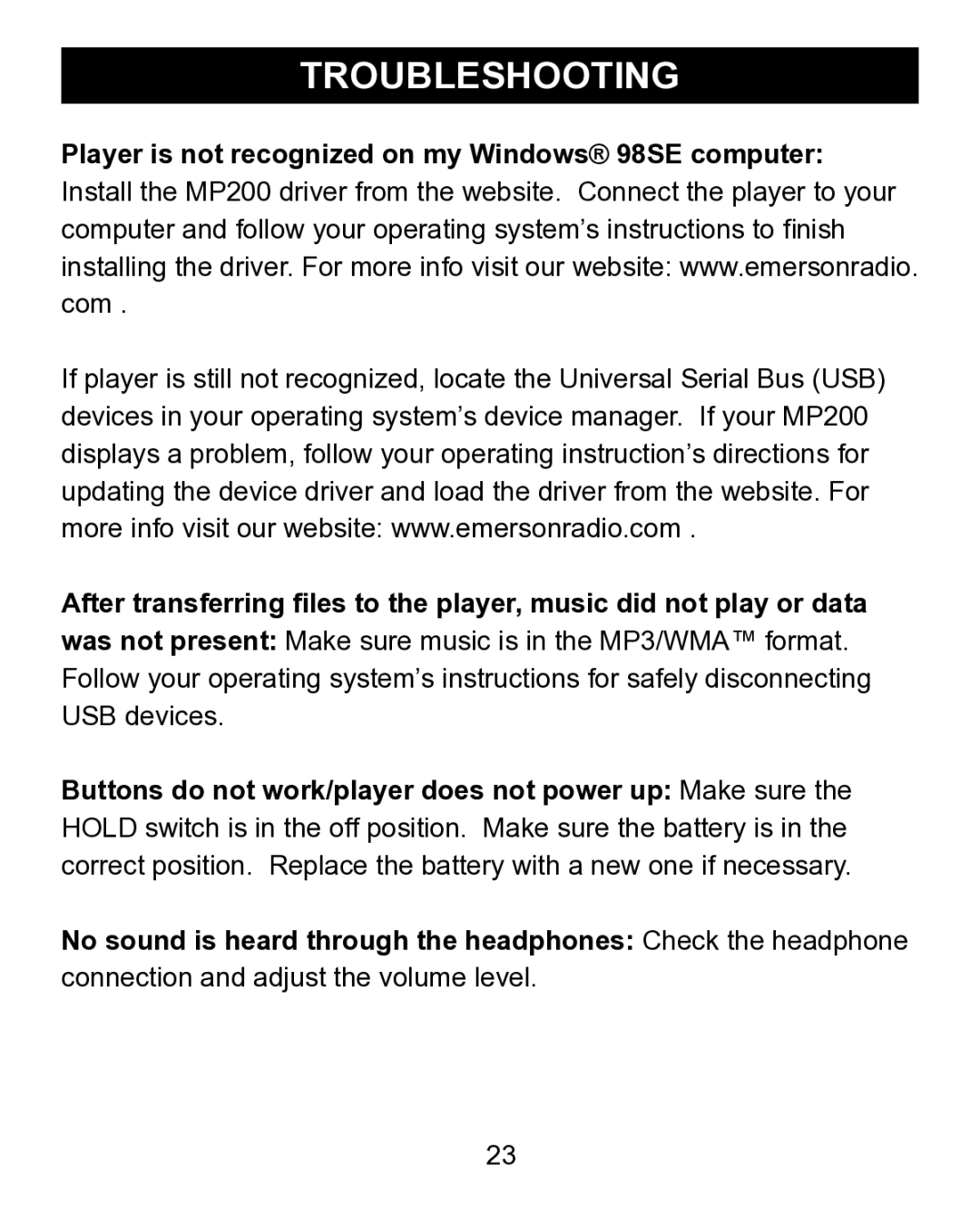 Emerson MP200 manual Troubleshooting 