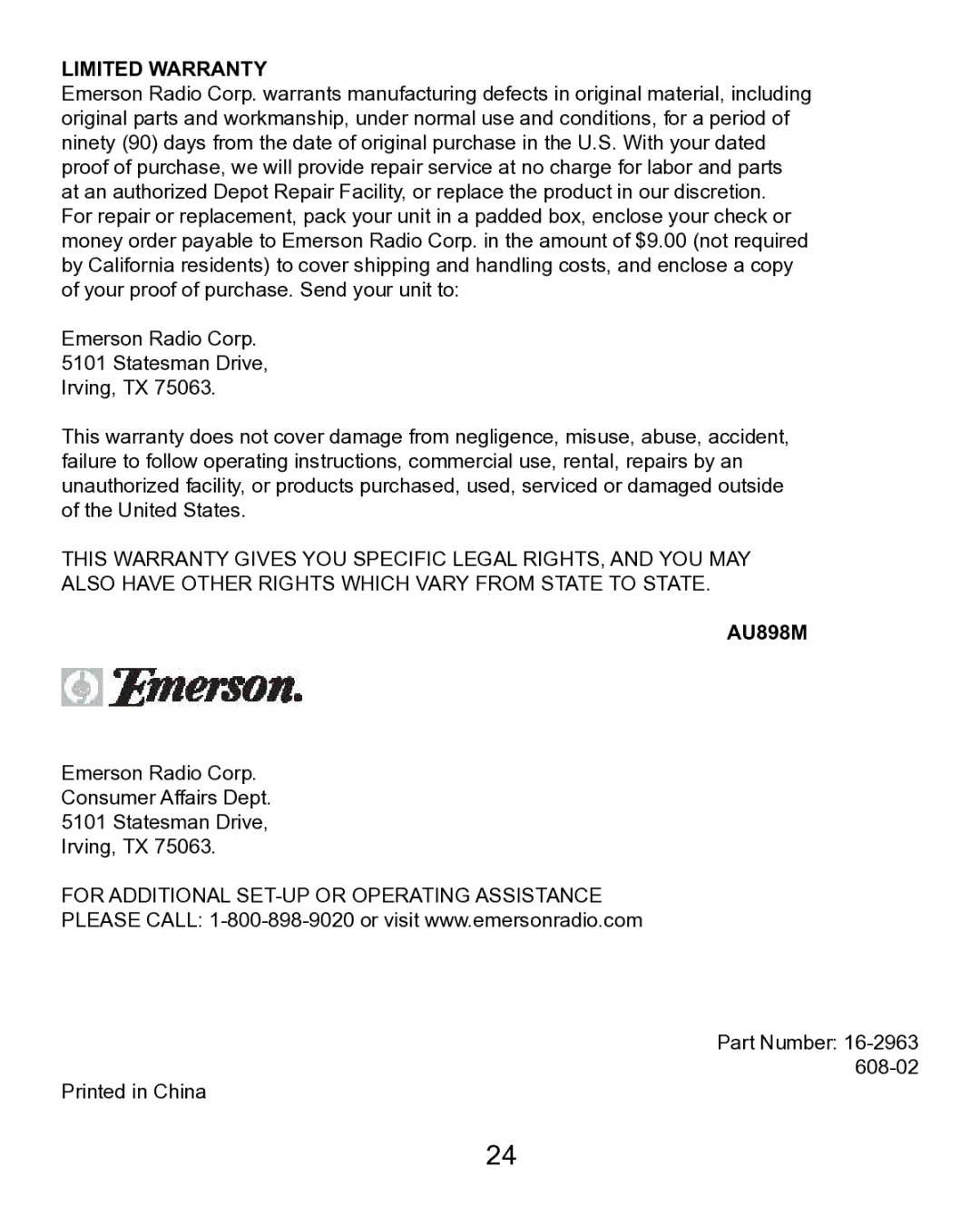 Emerson MP200 manual Limited Warranty 