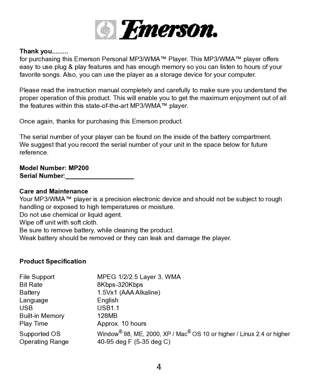 Emerson MP200 manual Thank you 