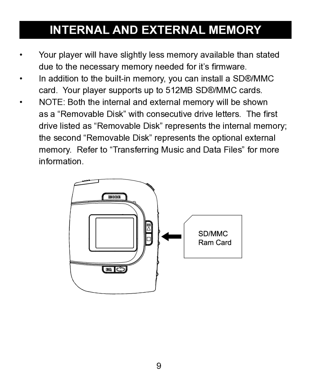 Emerson MP200 manual Internal and External Memory 