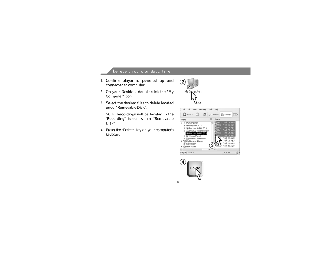 Emerson MP215 manual Delete a music or data file 