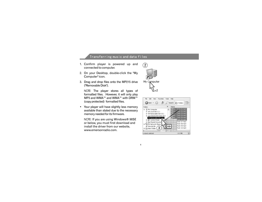 Emerson MP215 manual Transferring music and data files 