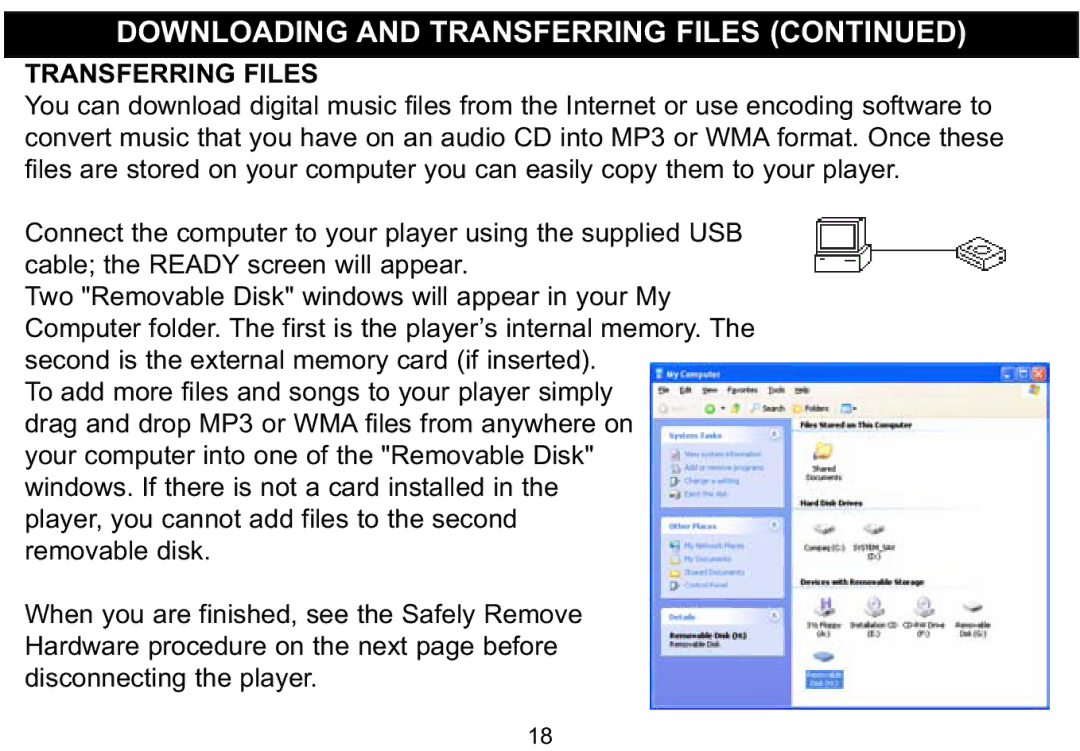 Emerson MP250 owner manual Downloading and Transferring Files Transferring Files 