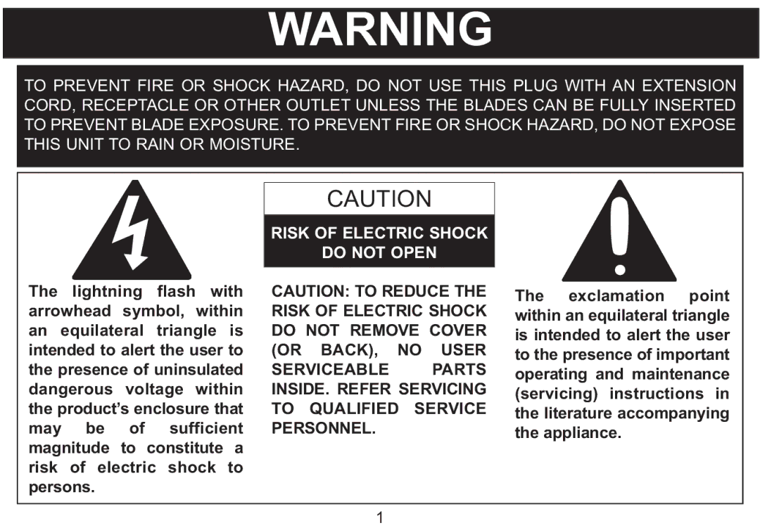 Emerson MP250 owner manual Risk of Electric Shock Do not Open 