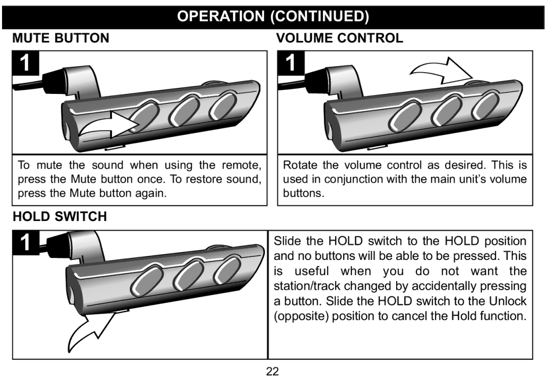 Emerson MP250 owner manual Mute Button, Volume Control, Hold Switch 