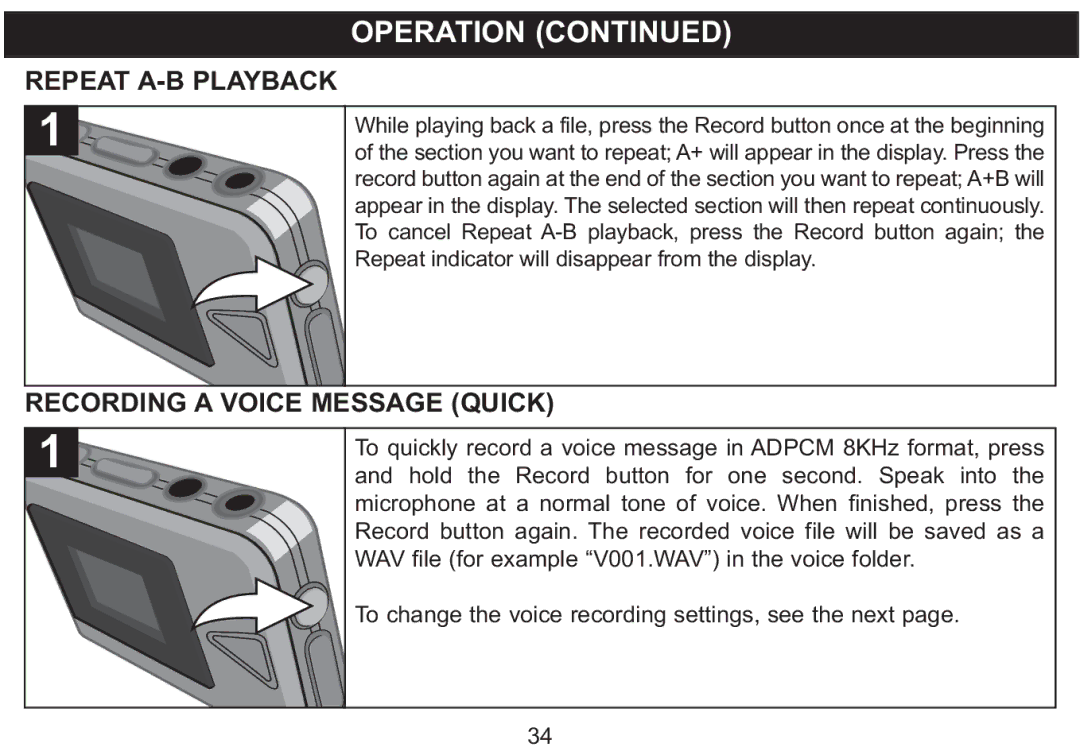 Emerson MP250 owner manual Repeat A-B Playback, Recording a Voice Message Quick 