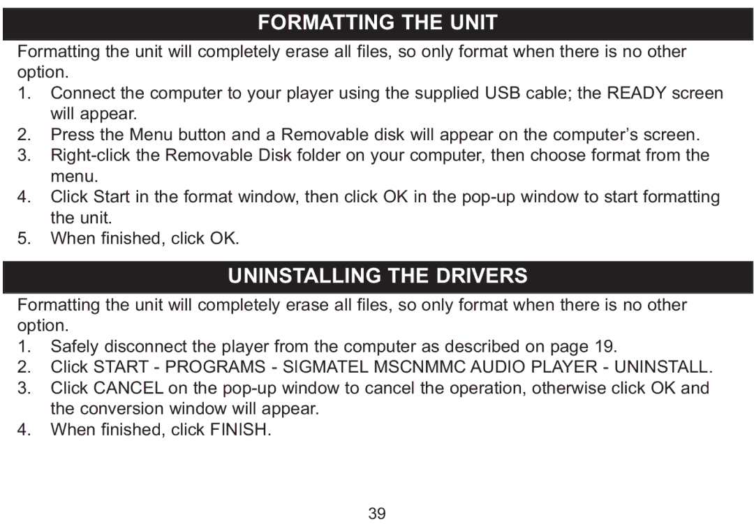 Emerson MP250 owner manual Formatting the Unit, Uninstalling the Drivers 