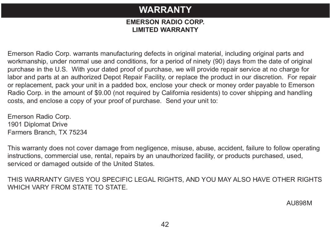 Emerson MP250 owner manual Emerson Radio Corp Limited Warranty 