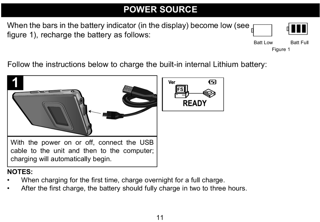 Emerson MP530 owner manual Power Source, Recharge the battery as follows 