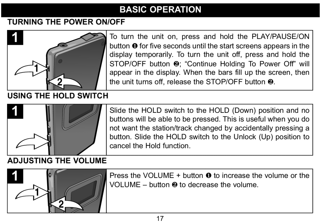 Emerson MP530 owner manual Basic Operation, Turning the Power ON/OFF, Using the Hold Switch 