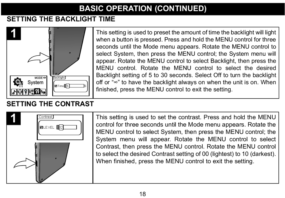 Emerson MP530 owner manual Setting the Backlight Time, Setting the Contrast 