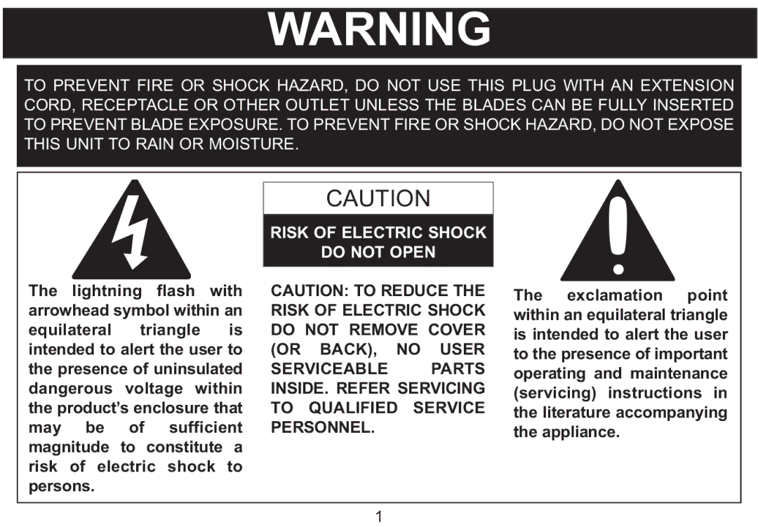 Emerson MP530 owner manual Risk of Electric Shock Do not Open 