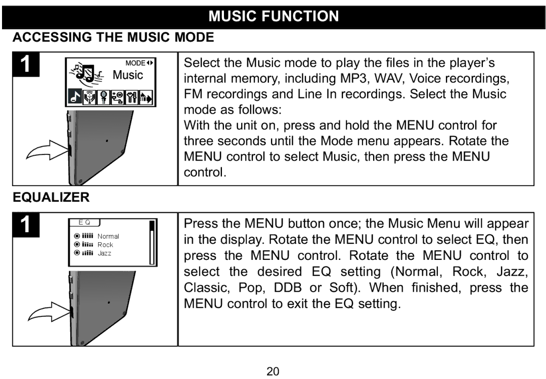 Emerson MP530 owner manual Music Function, Accessing the Music Mode, Equalizer 