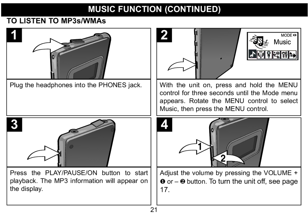 Emerson MP530 owner manual To Listen to MP3s/WMAs 