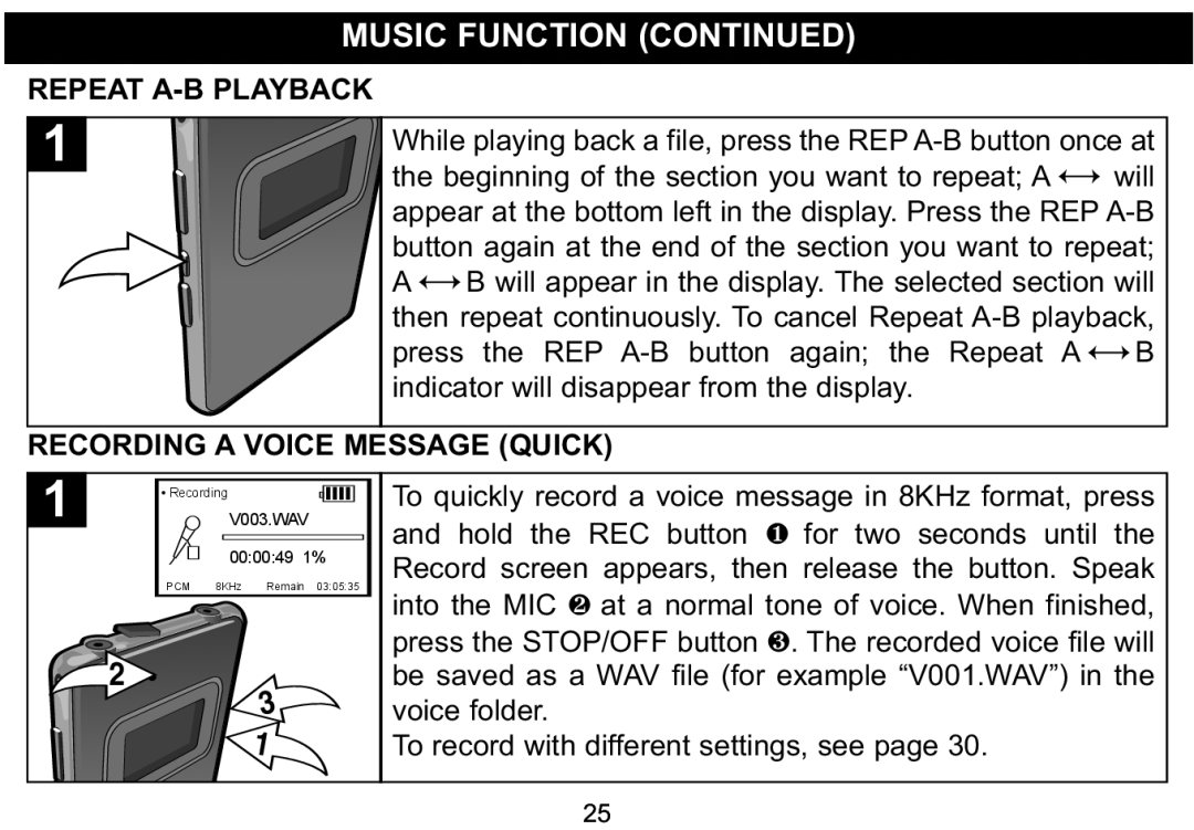 Emerson MP530 owner manual Repeat A-B Playback, Recording a Voice Message Quick 