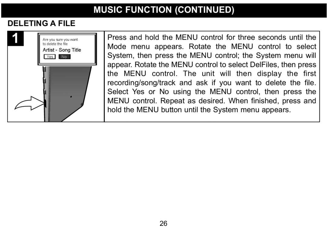 Emerson MP530 owner manual Deleting a File, Mode menu appears. Rotate the Menu control to select 