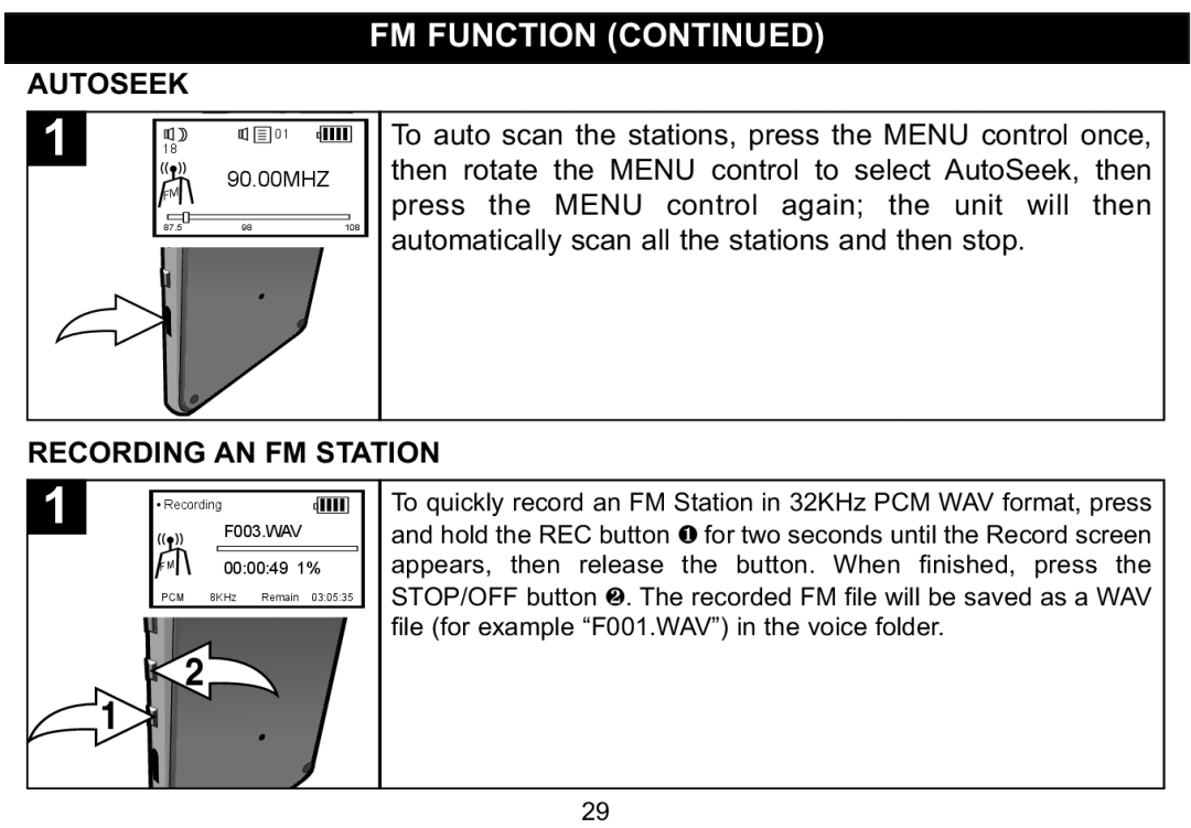 Emerson MP530 owner manual Autoseek, Recording AN FM Station 