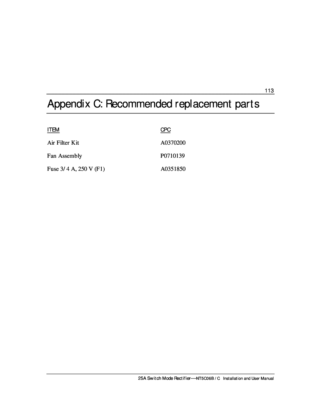 Emerson MPR25, MPR15 Series user manual Appendix C Recommended replacement parts, A0370200, P0710139, A0351850 