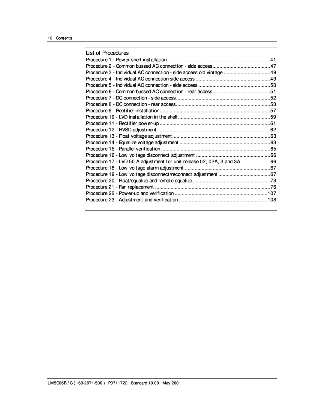 Emerson MPR15 Series, MPR25 user manual List of Procedures, Contents, UM5C06B / C 169-2071-500 P0711722 Standard 10.00 May 
