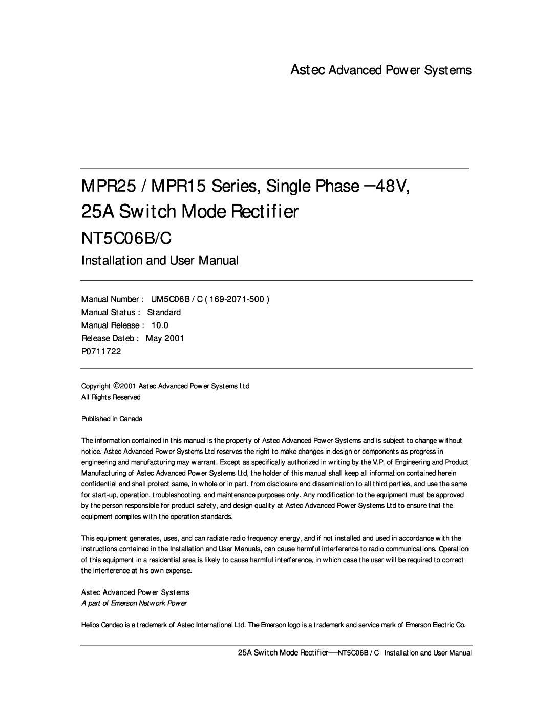 Emerson MPR25 / MPR15 Series, Single Phase, 25A Switch Mode Rectifier, NT5C06B/C, Astec Advanced Power Systems 