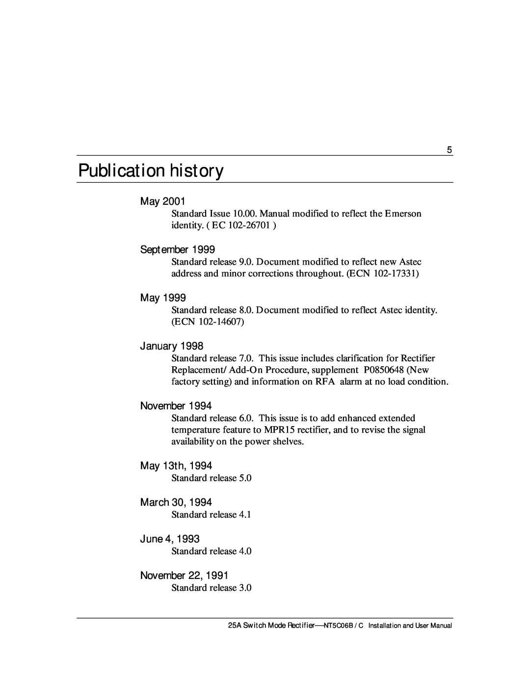 Emerson MPR25, MPR15 Series user manual Publication history, September, January, May 13th, March 30, June 4, November 22 