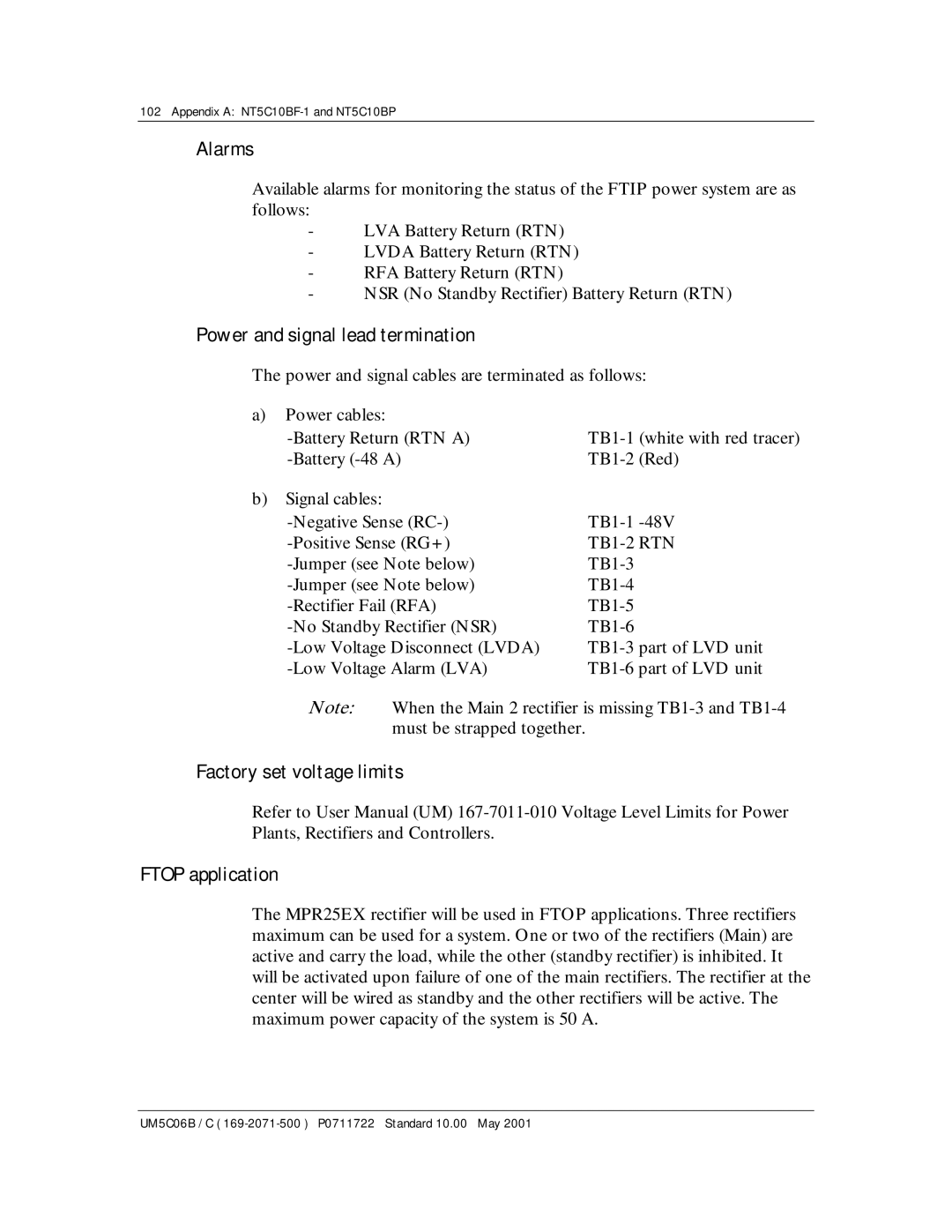 Emerson MPR15 Series, MPR25 Alarms, Power and signal lead termination, Factory set voltage limits Ftop application 