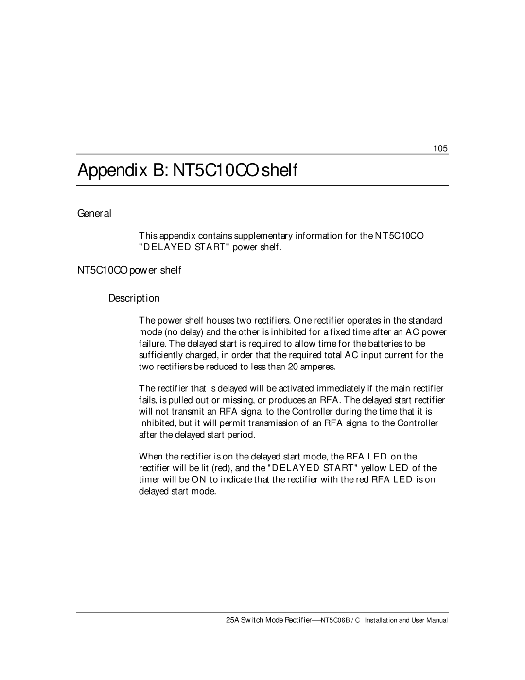 Emerson MPR25, MPR15 Series user manual Appendix B NT5C10CO shelf, General, NT5C10CO power shelf Description, 105 