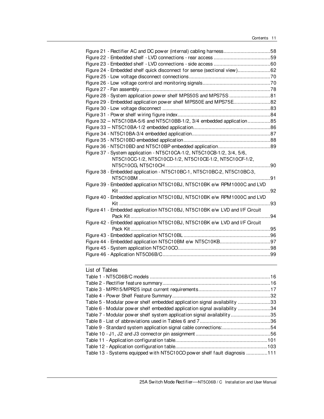 Emerson MPR25, MPR15 Series user manual List of Tables, Rectifier AC and DC power internal cabling harness 