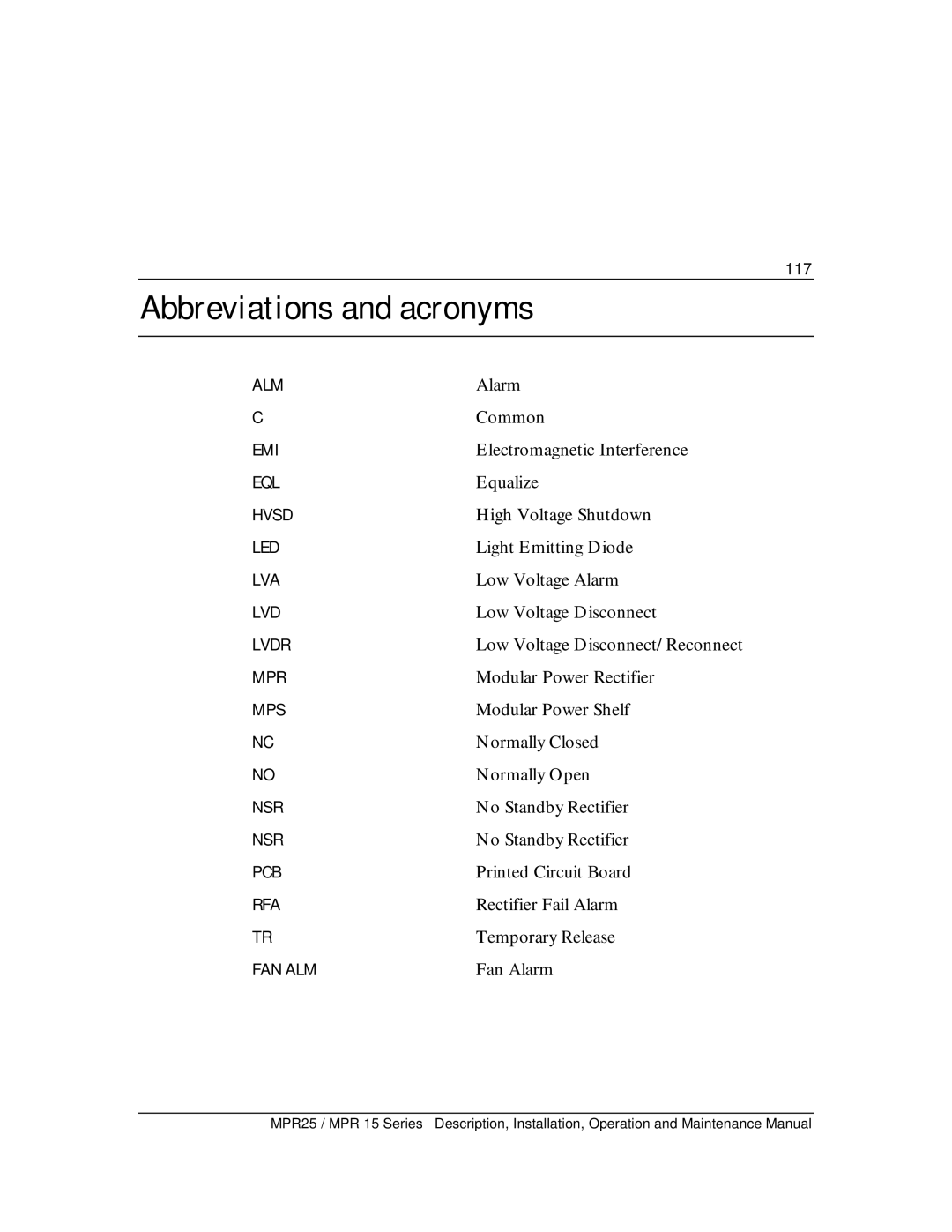 Emerson MPR25, MPR15 Series user manual Abbreviations and acronyms, 117 