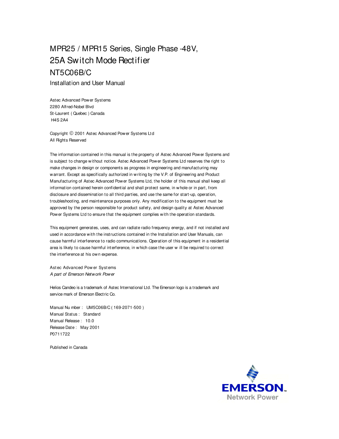 Emerson MPR15 Series, MPR25 user manual 25A Switch Mode Rectifier 