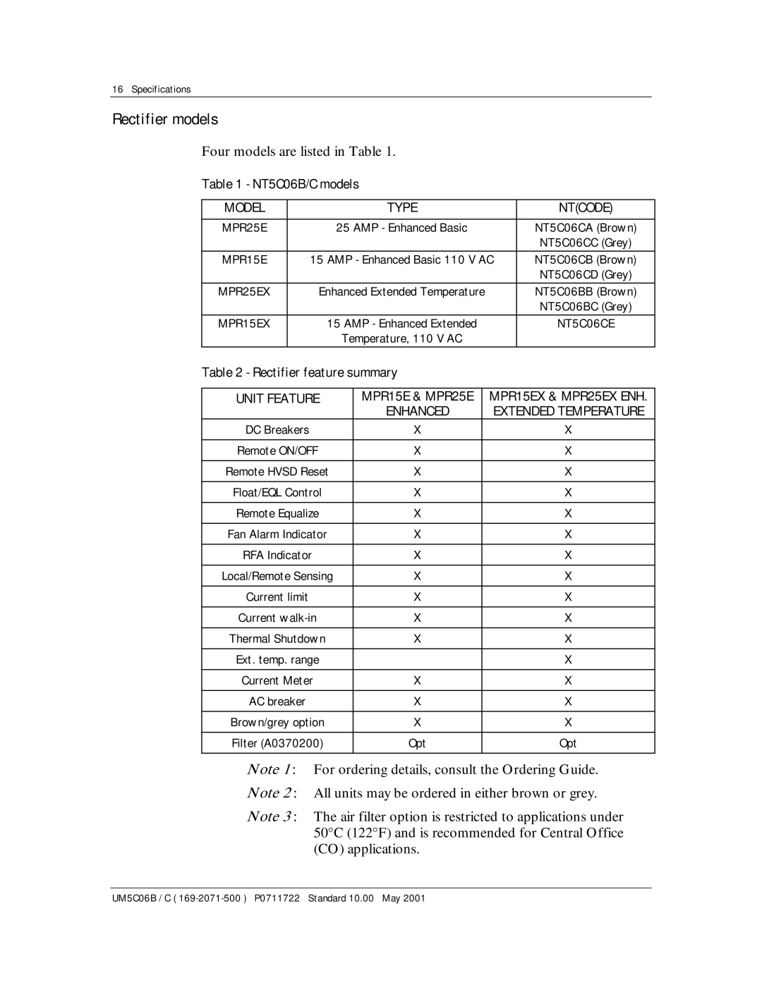 Emerson MPR15 Series, MPR25 user manual Rectifier models, NT5C06B/C models, Rectifier feature summary 