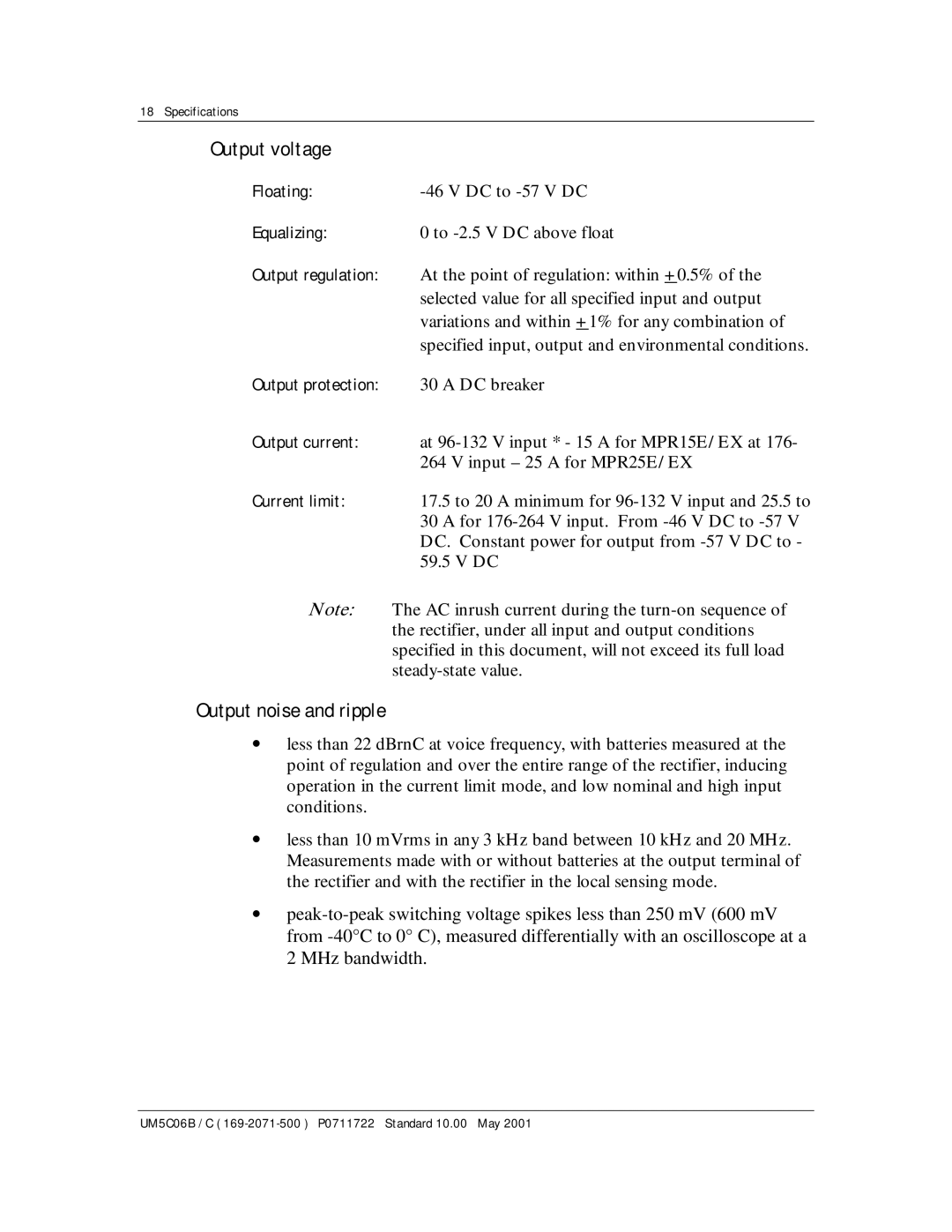 Emerson MPR15 Series, MPR25 user manual Output voltage, Output noise and ripple 