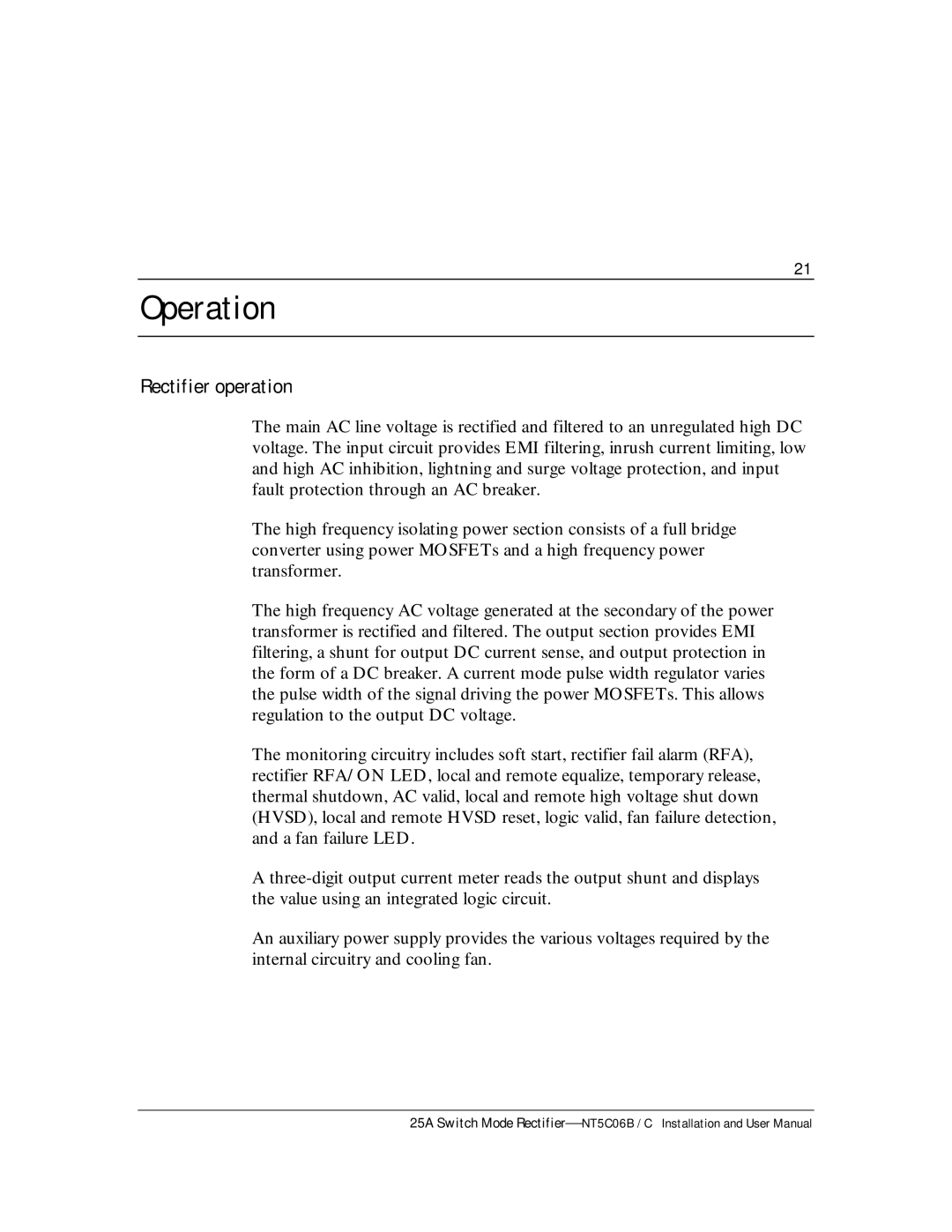 Emerson MPR25, MPR15 Series user manual Operation, Rectifier operation 