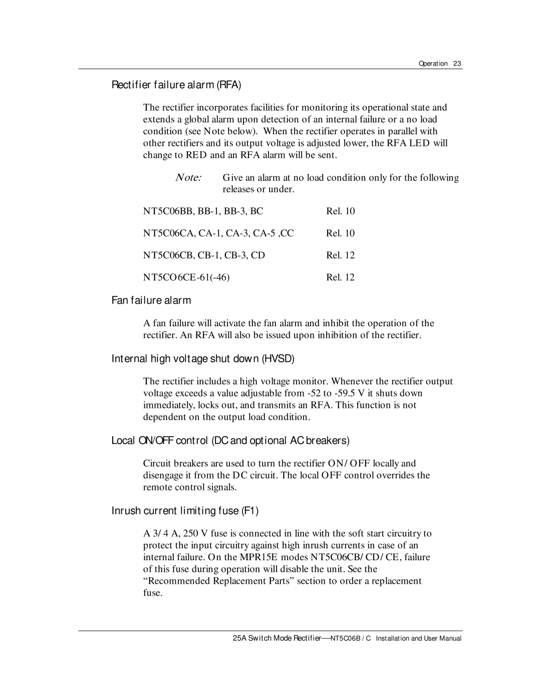 Emerson MPR25, MPR15 Series user manual Rectifier failure alarm RFA, Fan failure alarm, Internal high voltage shut down Hvsd 