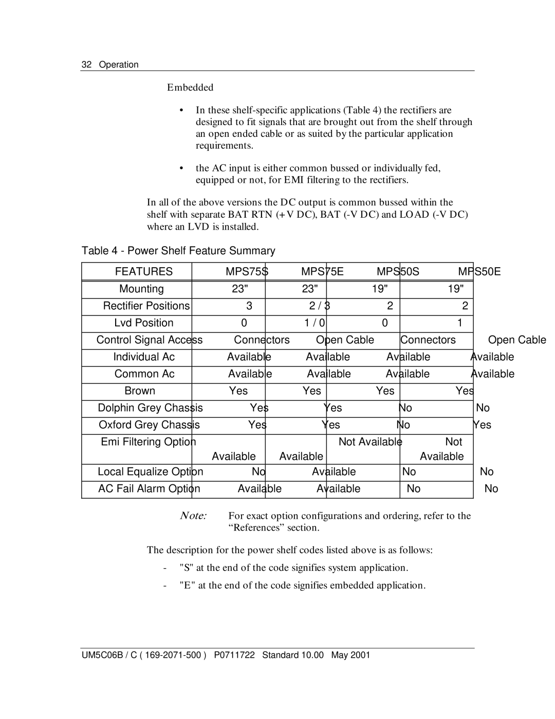 Emerson MPR15 Series, MPR25 user manual Power Shelf Feature Summary, Features MPS75S MPS75E MPS50S MPS50E 