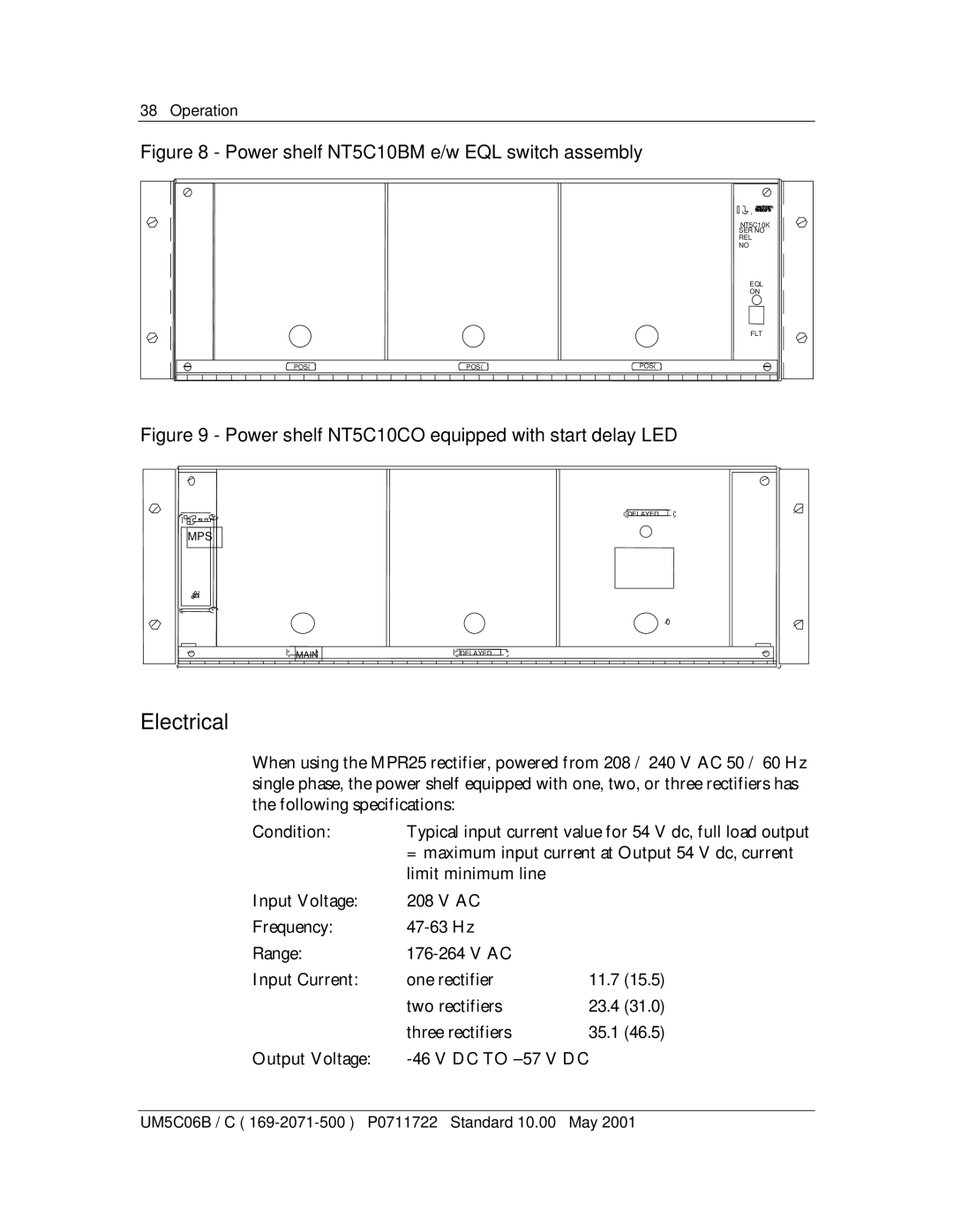 Emerson MPR15 Series, MPR25 user manual Electrical, Power shelf NT5C10BM e/w EQL switch assembly 