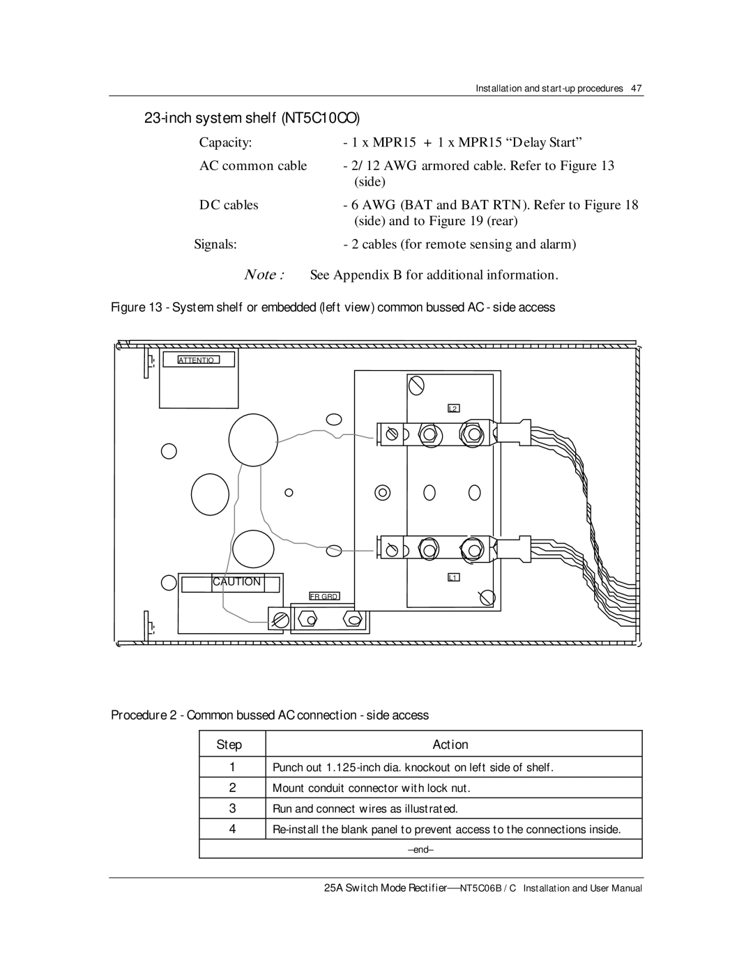 Emerson MPR25, MPR15 Series user manual Inch system shelf NT5C10CO, Procedure 2 Common bussed AC connection side access Step 