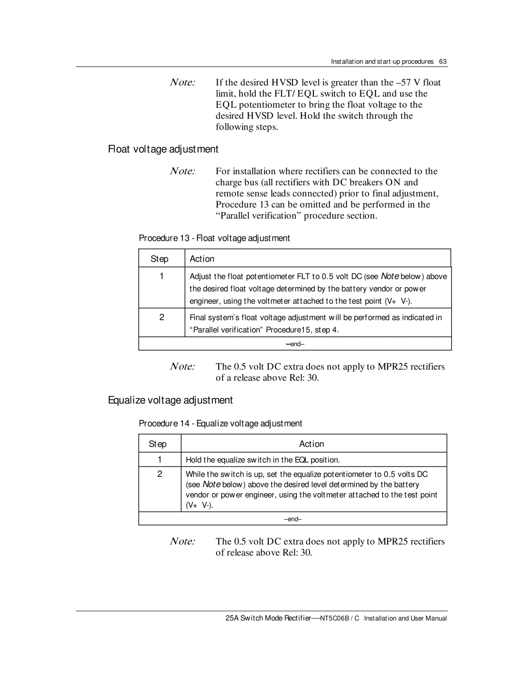 Emerson MPR25, MPR15 Series user manual Equalize voltage adjustment, Procedure 13 Float voltage adjustment Step 